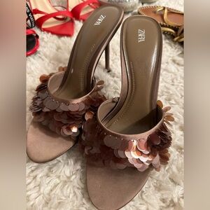 ZARA Rose Bronze Sequin Slide Heels